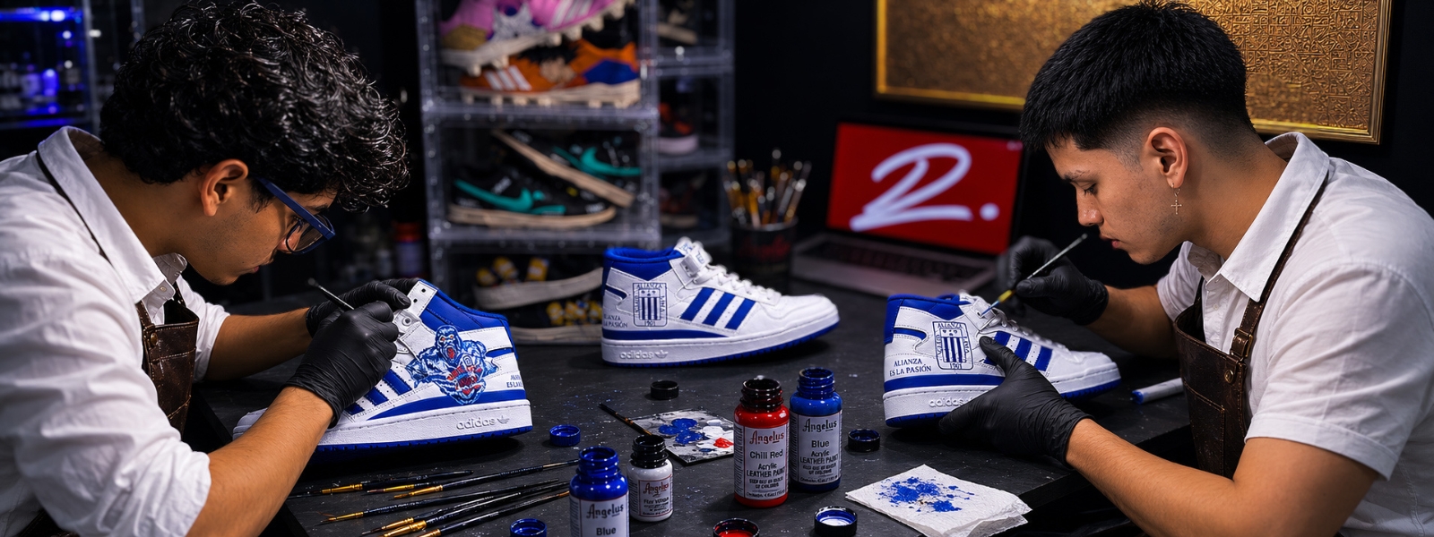 Equipo de DePeru Custom personalizando zapatillas a mano en el taller de Lima